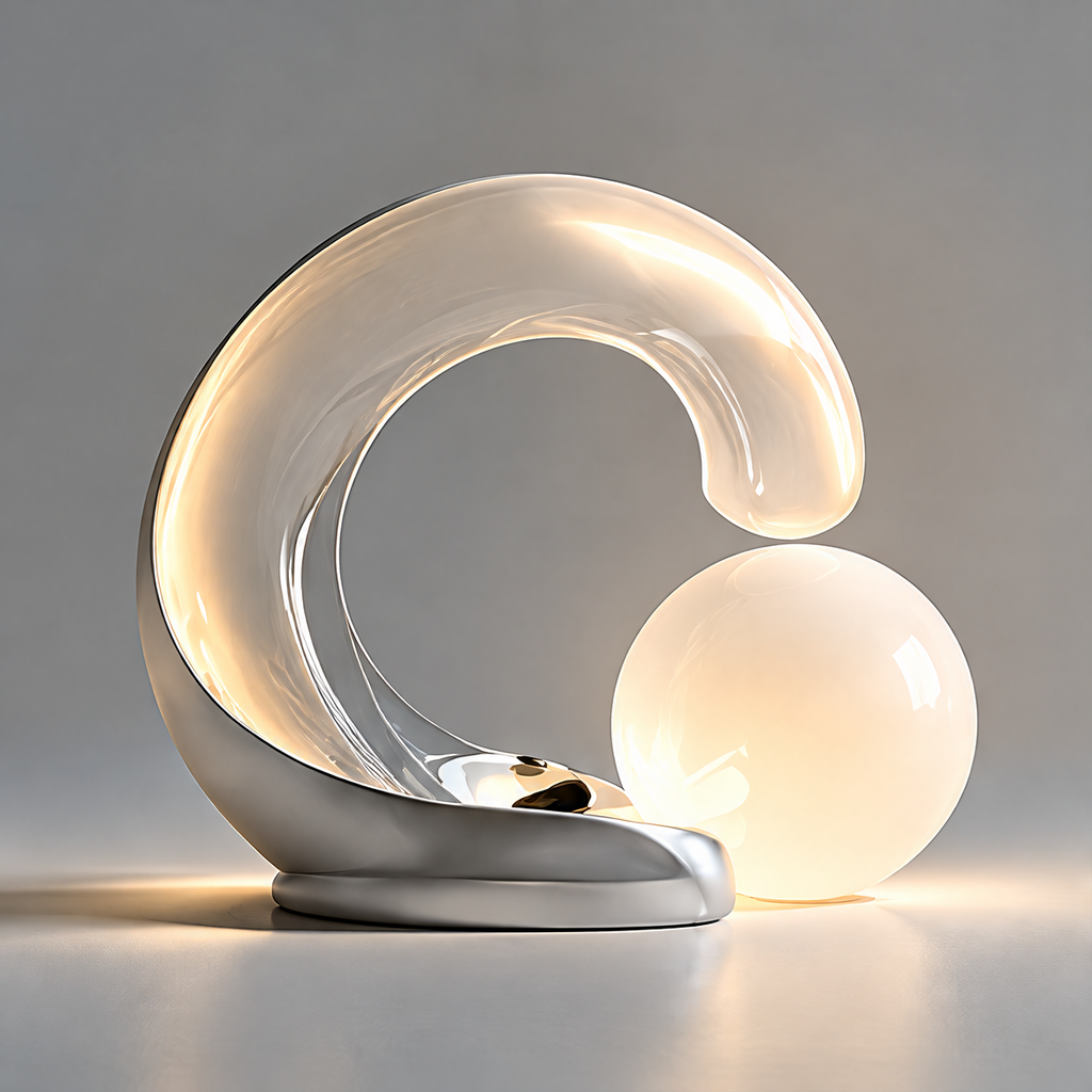 TRENDOI table lamp with a silver-tone wave-shaped body and glowing white orb on a plain gray background.