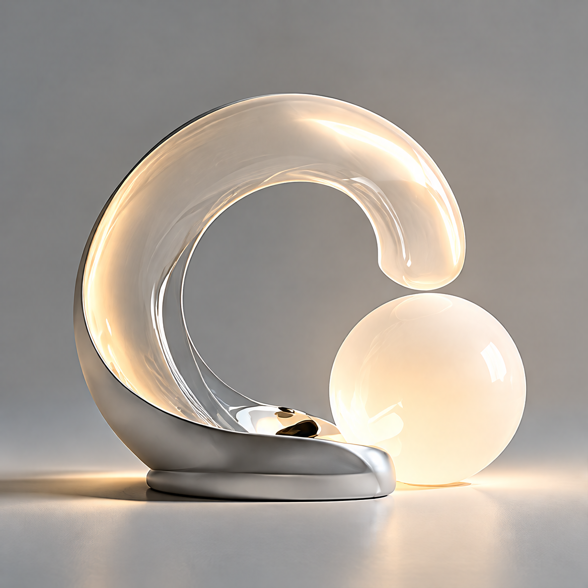 TRENDOI table lamp with a silver-tone wave-shaped body and glowing white orb on a plain gray background.