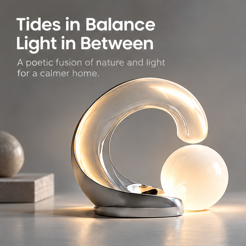 Wave-shaped table lamp with warm light, shown beside books beneath the words Tides in Balance Light in Between.