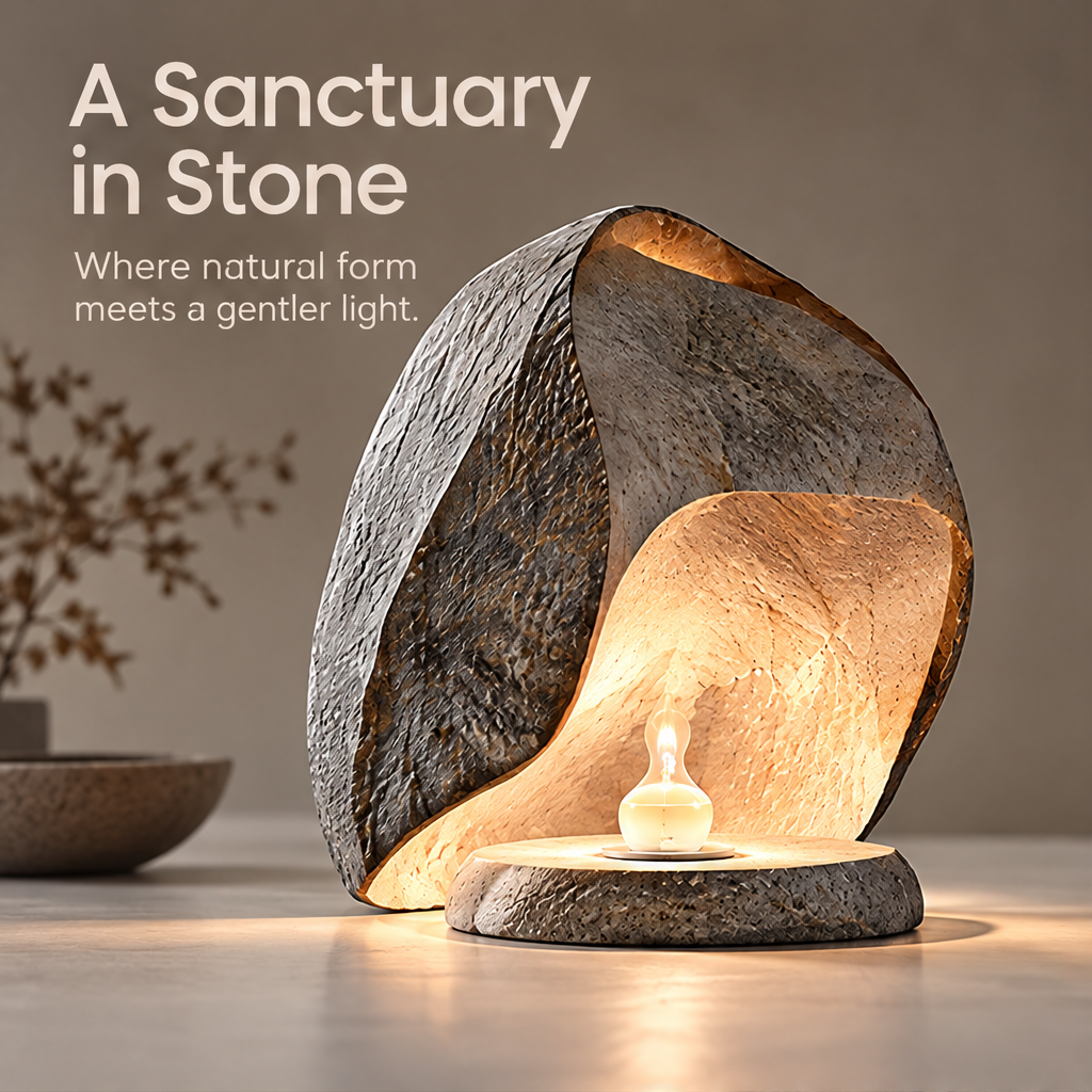 Warmly glowing stone table lamp with a curved open form beneath A Sanctuary in Stone.