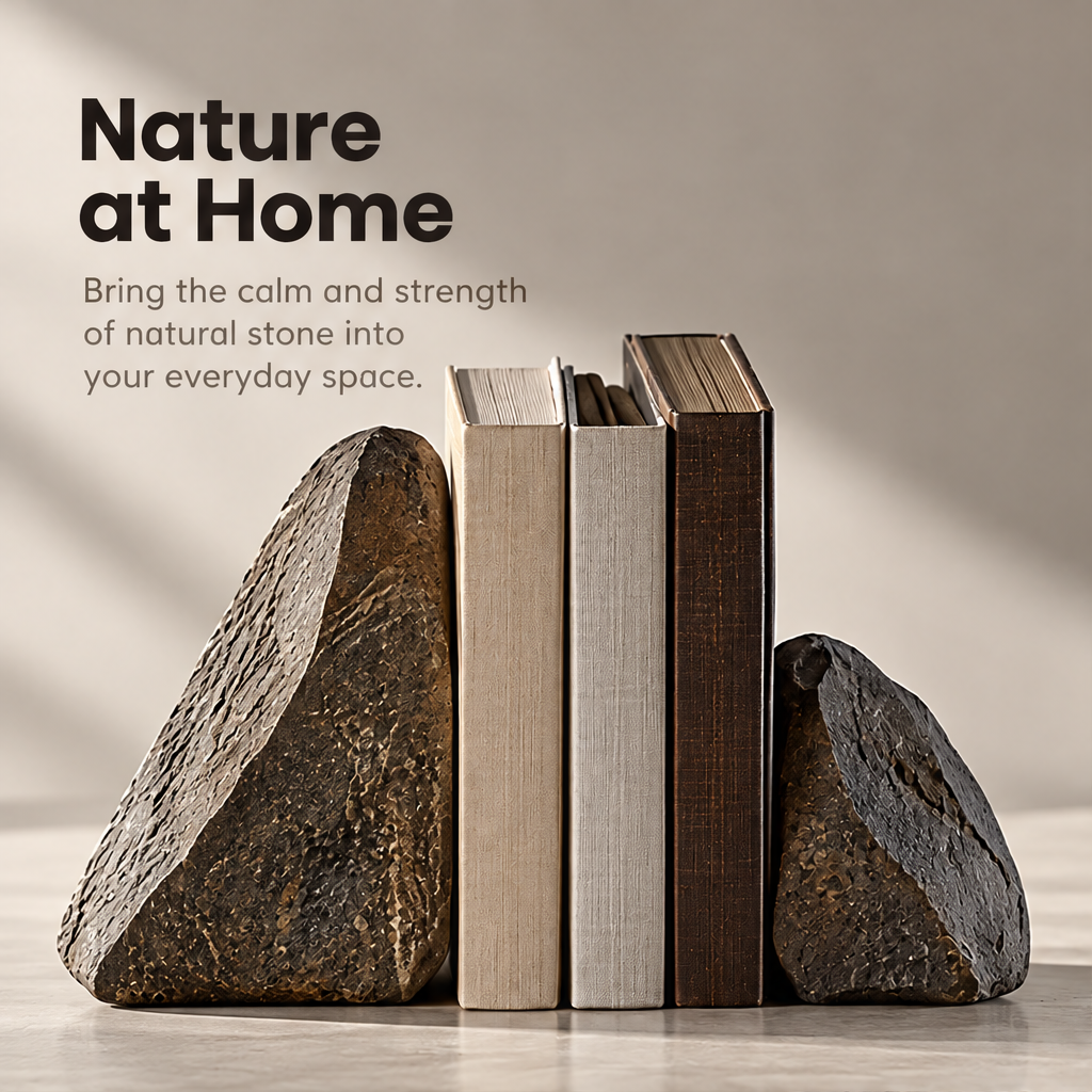 Front view of natural stone bookends beside neutral-colored books beneath Nature at Home.