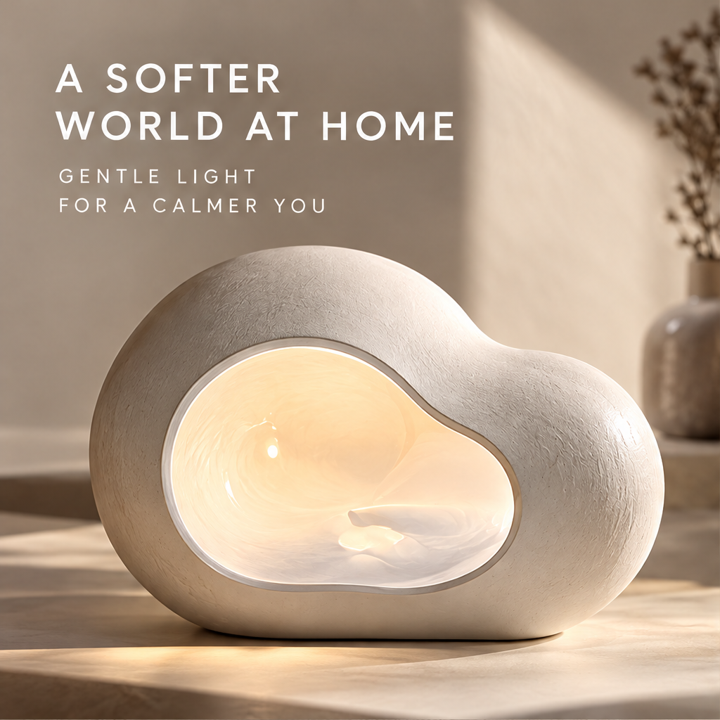 Front view of the glowing cloud-shaped lamp beneath A Softer World at Home.