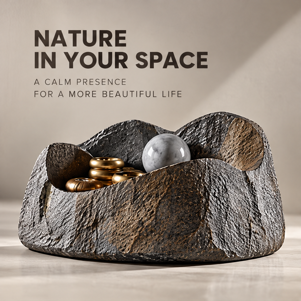 Sculptural catchall bowl holding small accessories beneath Nature in Your Space.