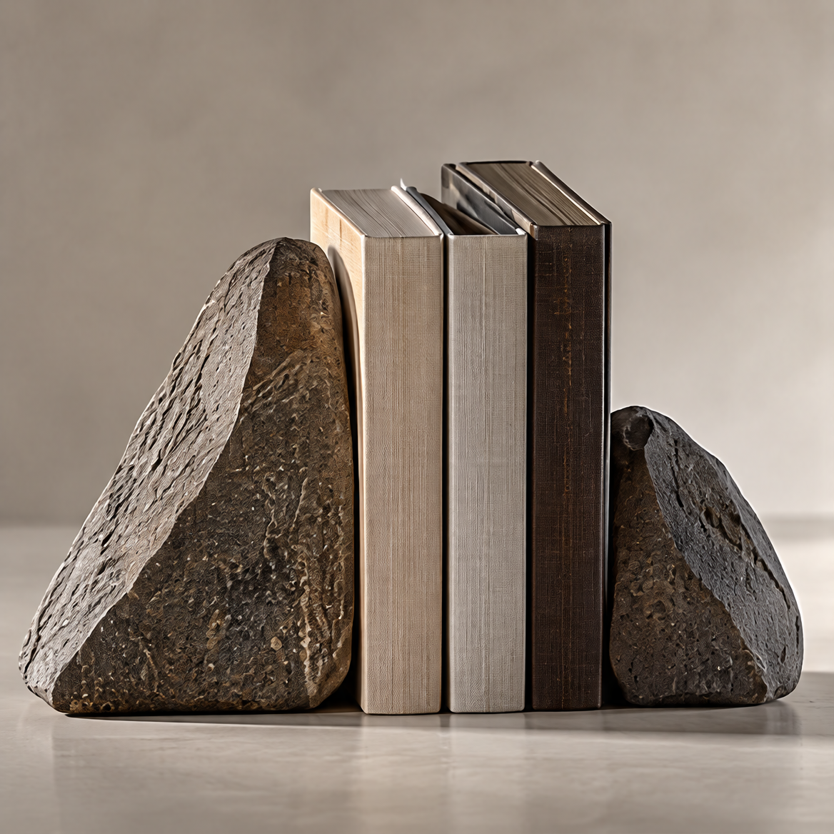 Brown and charcoal stone bookends with irregular textured profiles framing three upright books on a plain background.