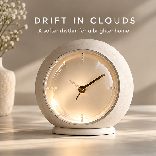 Front view of the glowing sculptural table clock beside a vase beneath Drift in Clouds.