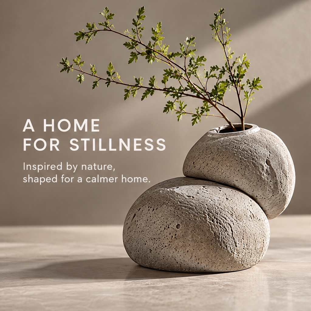 Rounded textured vase holding leafy branches beneath A Home for Stillness.