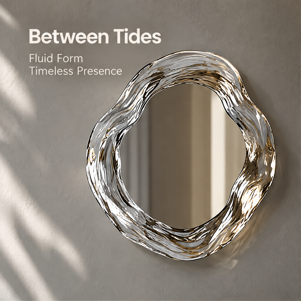 Front view of a flowing sculptural wall mirror beneath Between Tides, Fluid Form Timeless Presence.