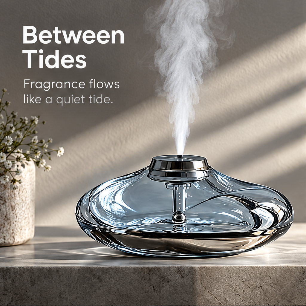 TRENDOI aroma diffuser with a transparent flowing body, silver-tone center and rising mist on a gray background.