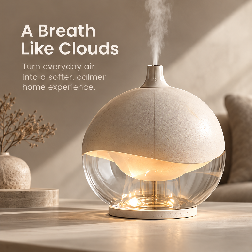 Illuminated sculptural humidifier releasing mist on a tabletop beneath A Breath Like Clouds.