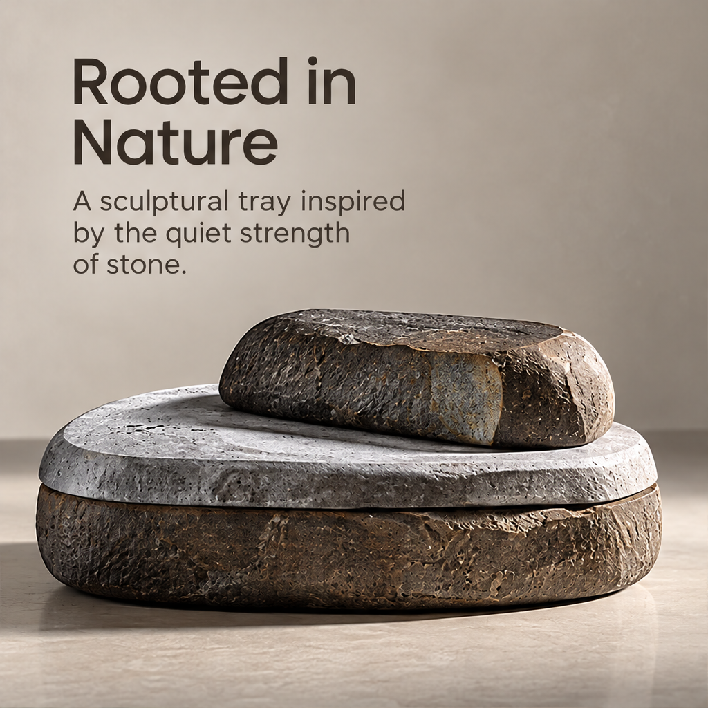 Front view of the layered stone-inspired decorative tray beneath Rooted in Nature.