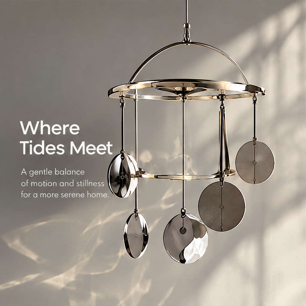 Sculptural hanging mobile in sunlight beneath the words Where Tides Meet.