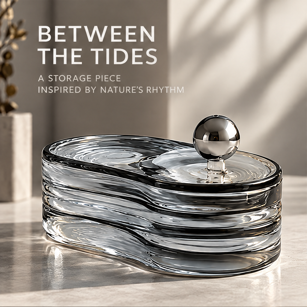 Closed wave-shaped storage box on a sunlit tabletop beneath the words Between the Tides.