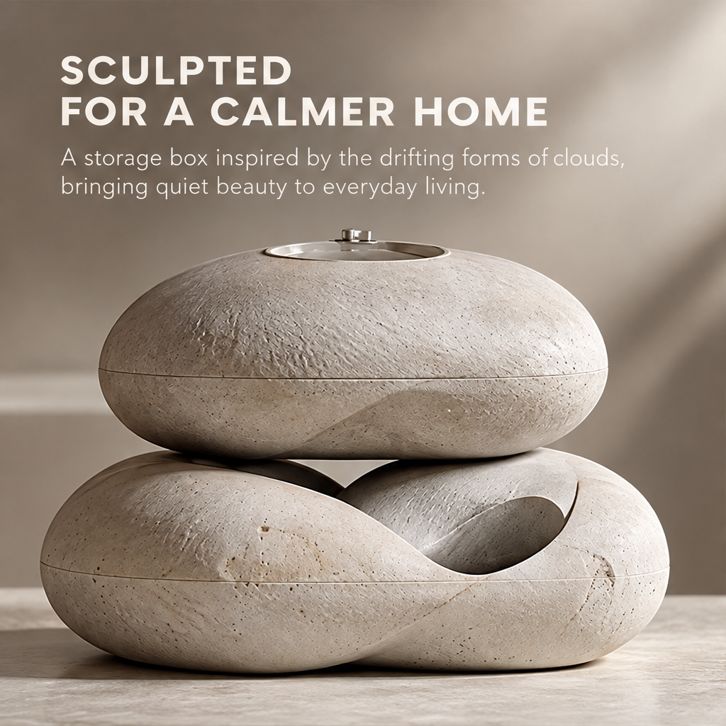 Cloud-inspired decorative storage box beneath Sculpted for a Calmer Home.