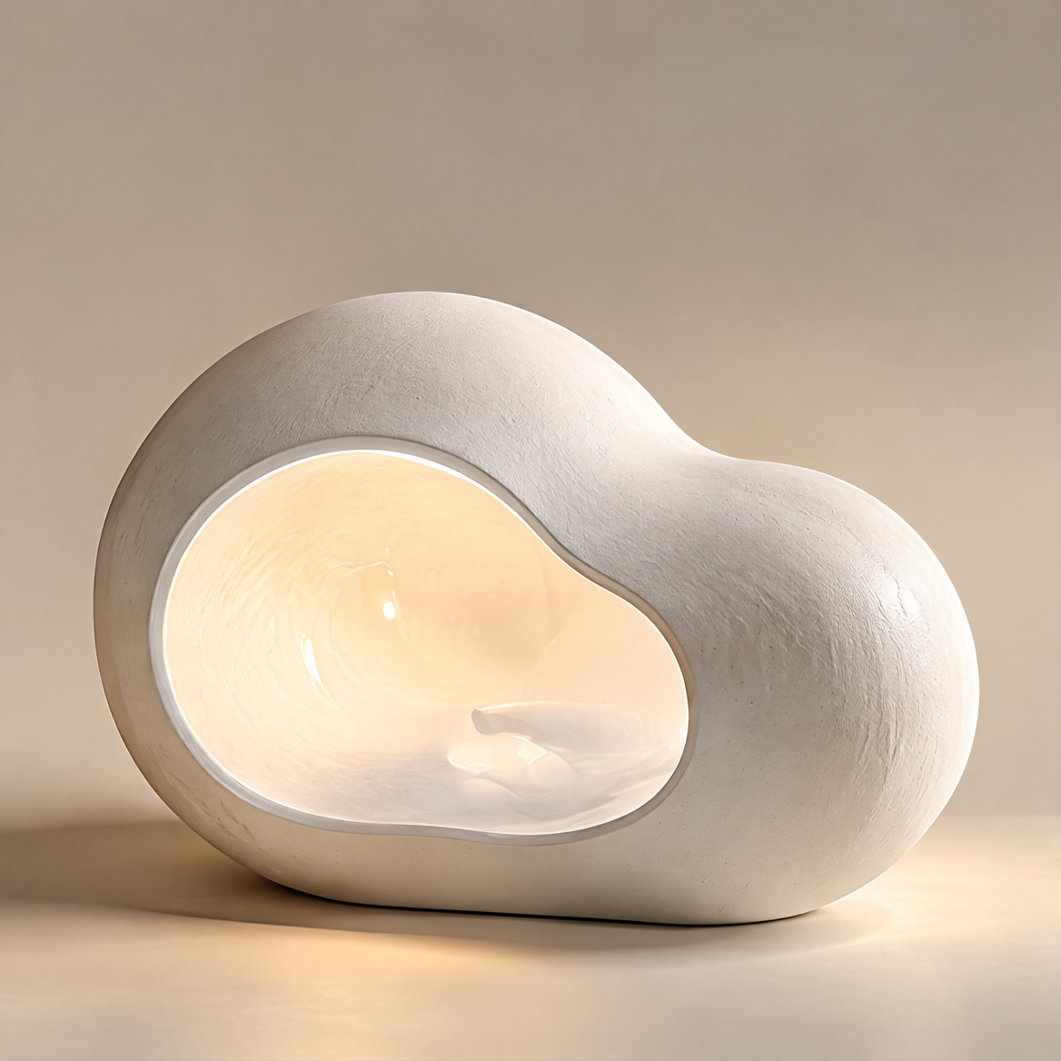 Off-white cloud-shaped table lamp with a textured rounded body and warm glowing inset on a plain background.