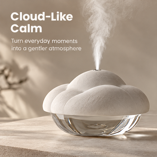 Cloud-shaped humidifier releasing mist on a sunlit table beneath Cloud-Like Calm.