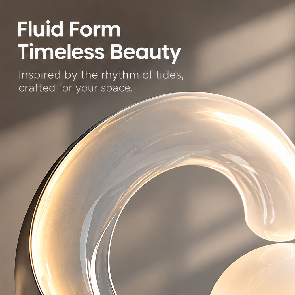 Close-up of the lamp's flowing illuminated curve beneath the headline Fluid Form Timeless Beauty.