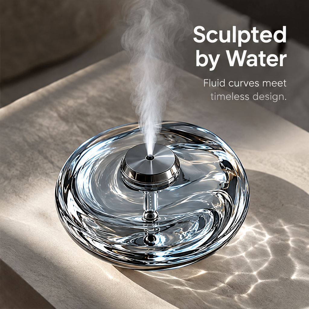 Sculptural aroma diffuser releasing mist beside a flower vase beneath the headline Between Tides.