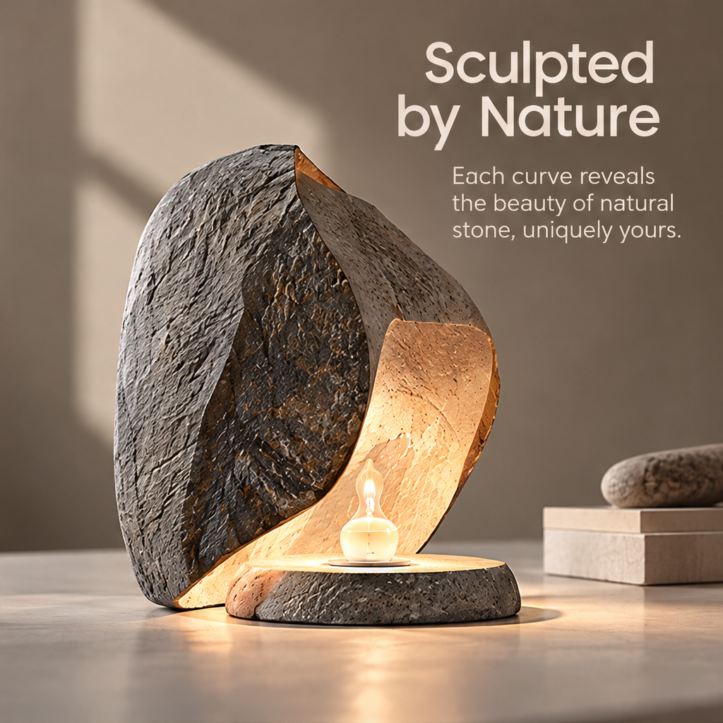 Angled view of the textured natural stone lamp beside stacked books beneath Sculpted by Nature.