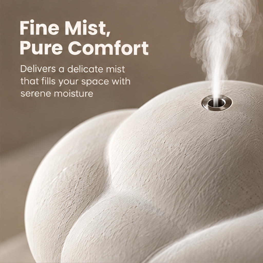 Close-up of the humidifier's mist outlet and textured cloud-shaped top beneath Fine Mist, Pure Comfort.