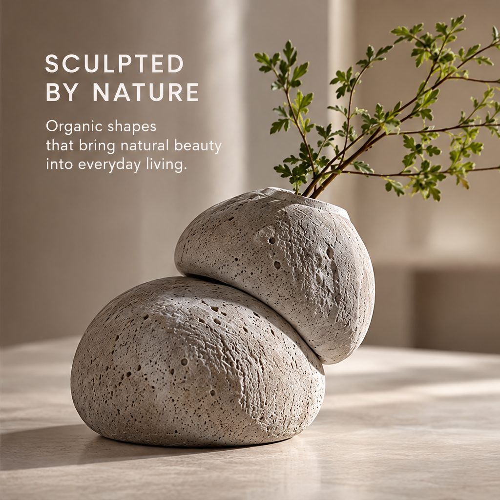 Angled view of the vase's organic stacked forms beneath Sculpted by Nature.
