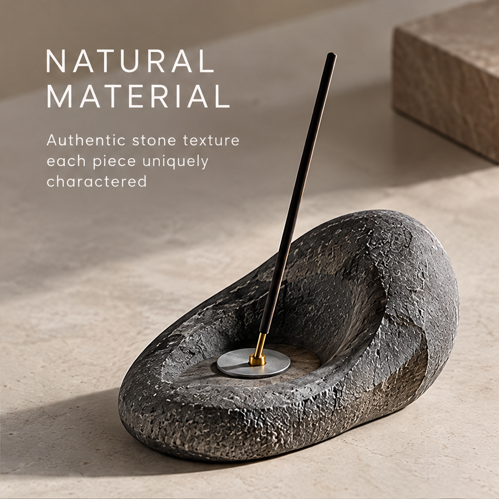 Angled view of the stone incense holder and its recessed center beneath Natural Material.