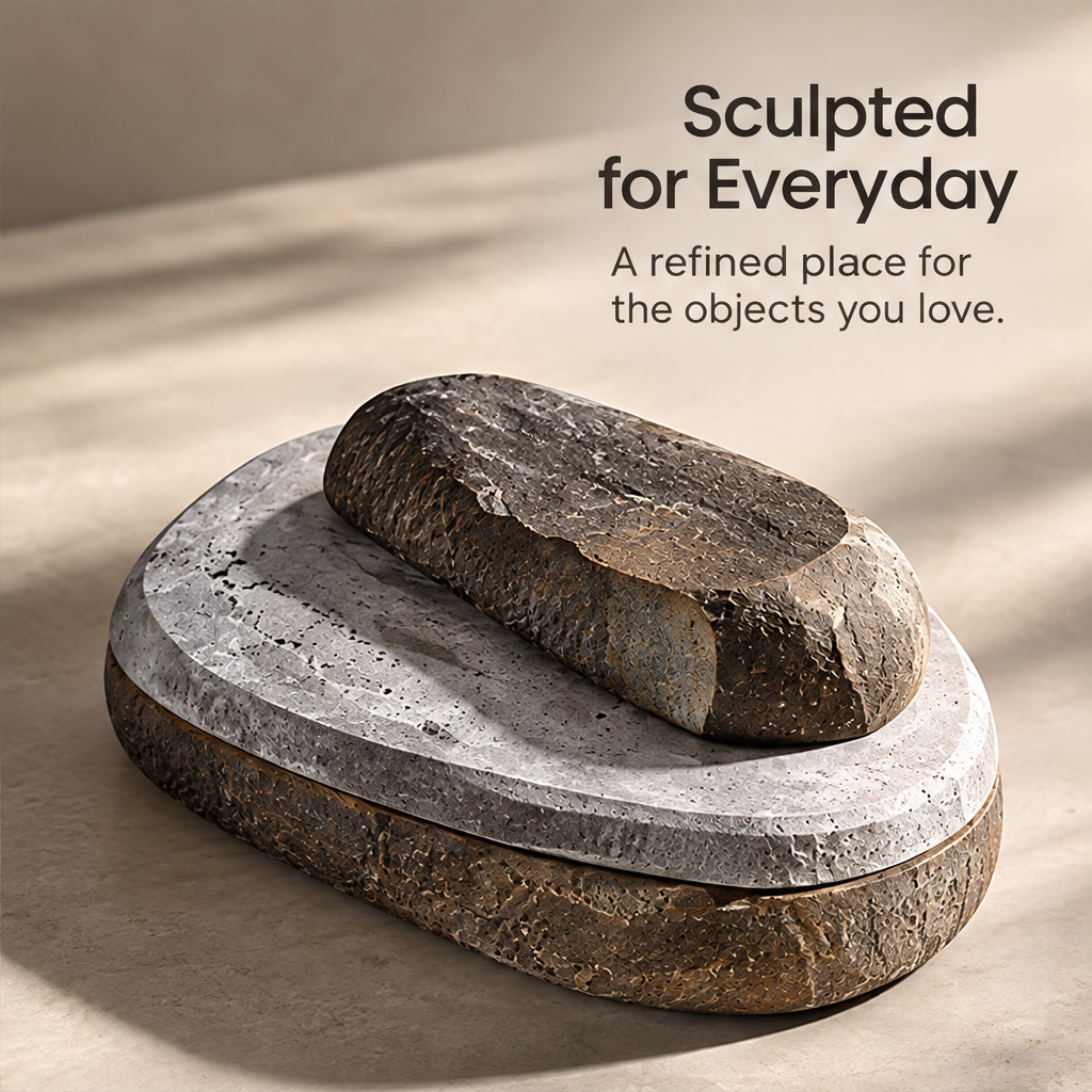 Angled overhead view of the textured display tray beneath Sculpted for Everyday.