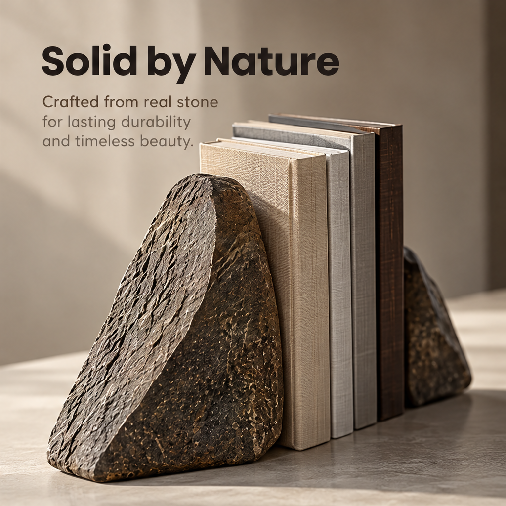 Angled view of a textured stone bookend beside books beneath Solid by Nature.