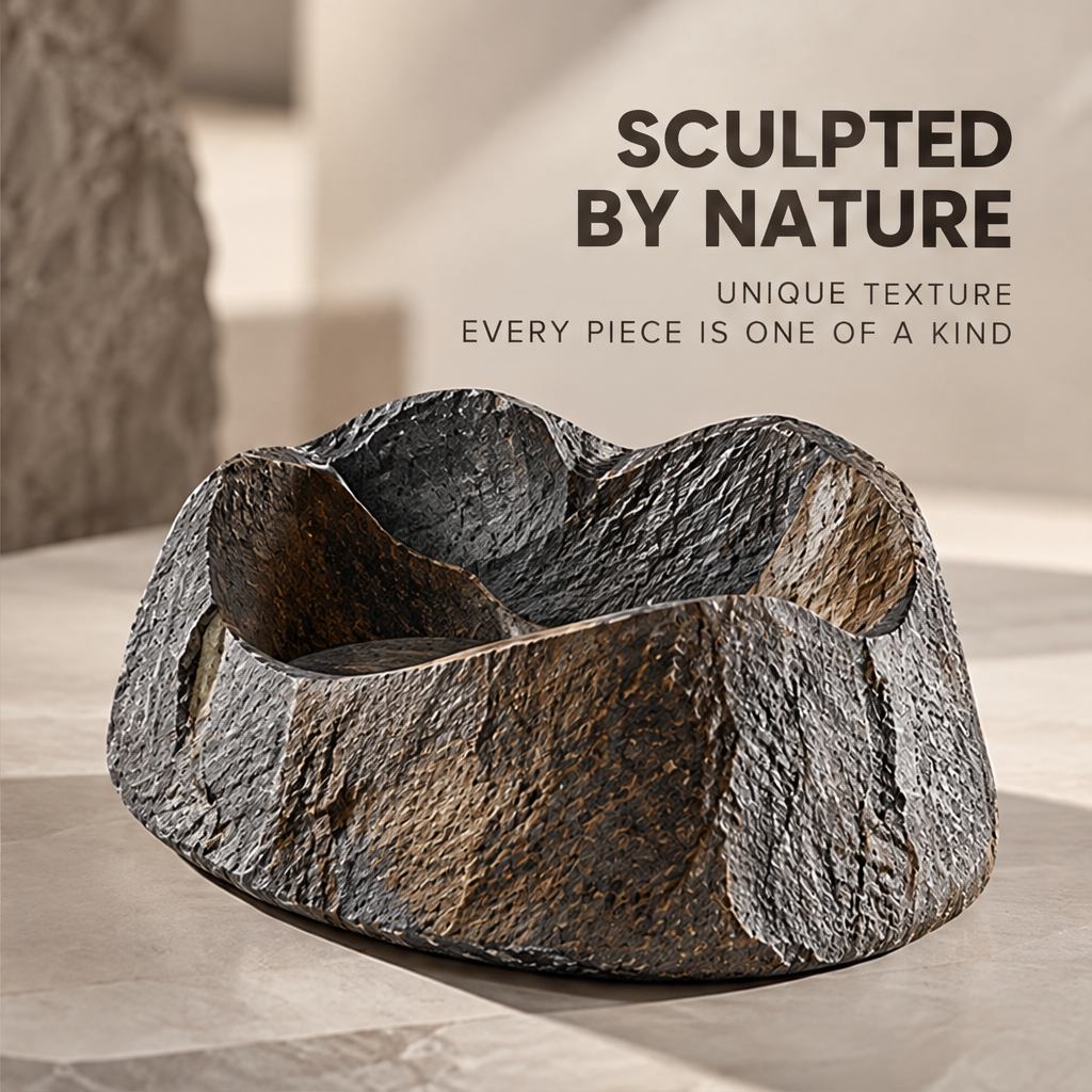 Empty textured decorative bowl with an undulating rim beneath Sculpted by Nature.