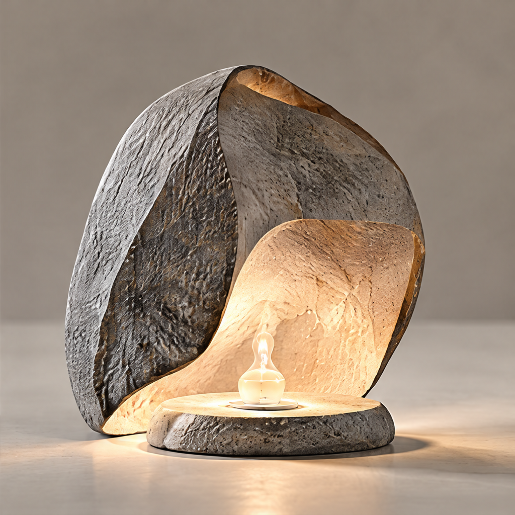 Sculptural table lamp with a dark textured stone surround, flowing open curves and a warm illuminated interior on gray.