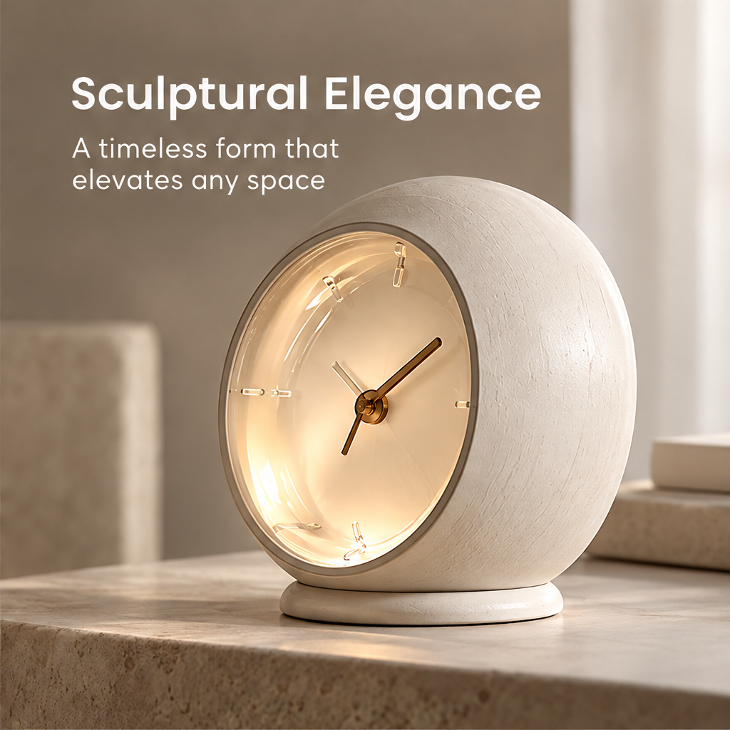Angled view of the rounded table clock showing its deep curved body beneath Sculptural Elegance.