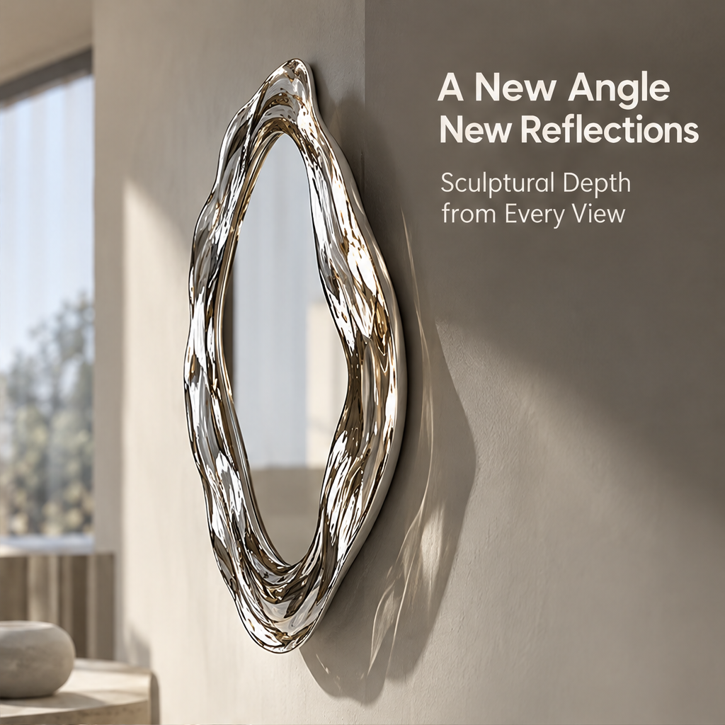 Angled side view showing the mirror frame's sculptural depth beneath A New Angle New Reflections.