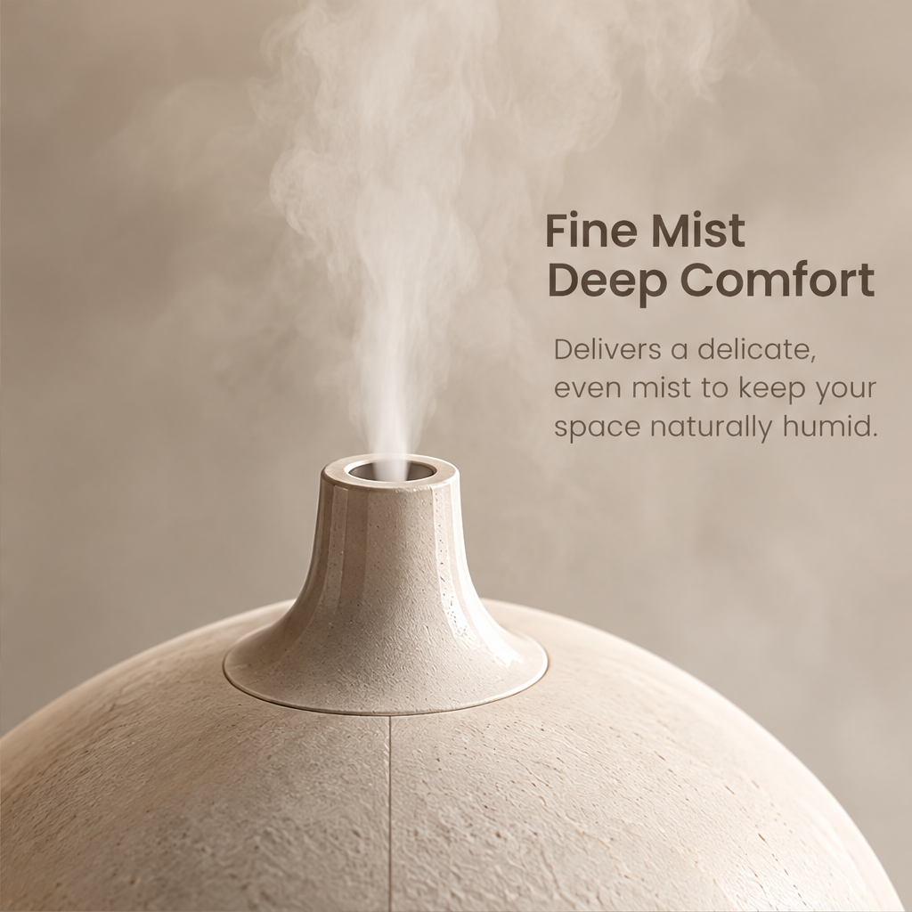 Close-up of the humidifier's top outlet releasing mist beneath Fine Mist Deep Comfort.
