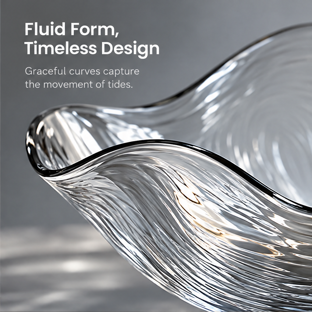 Close-up of the glass bowl's undulating rim and rippled surface beneath Fluid Form, Timeless Design.