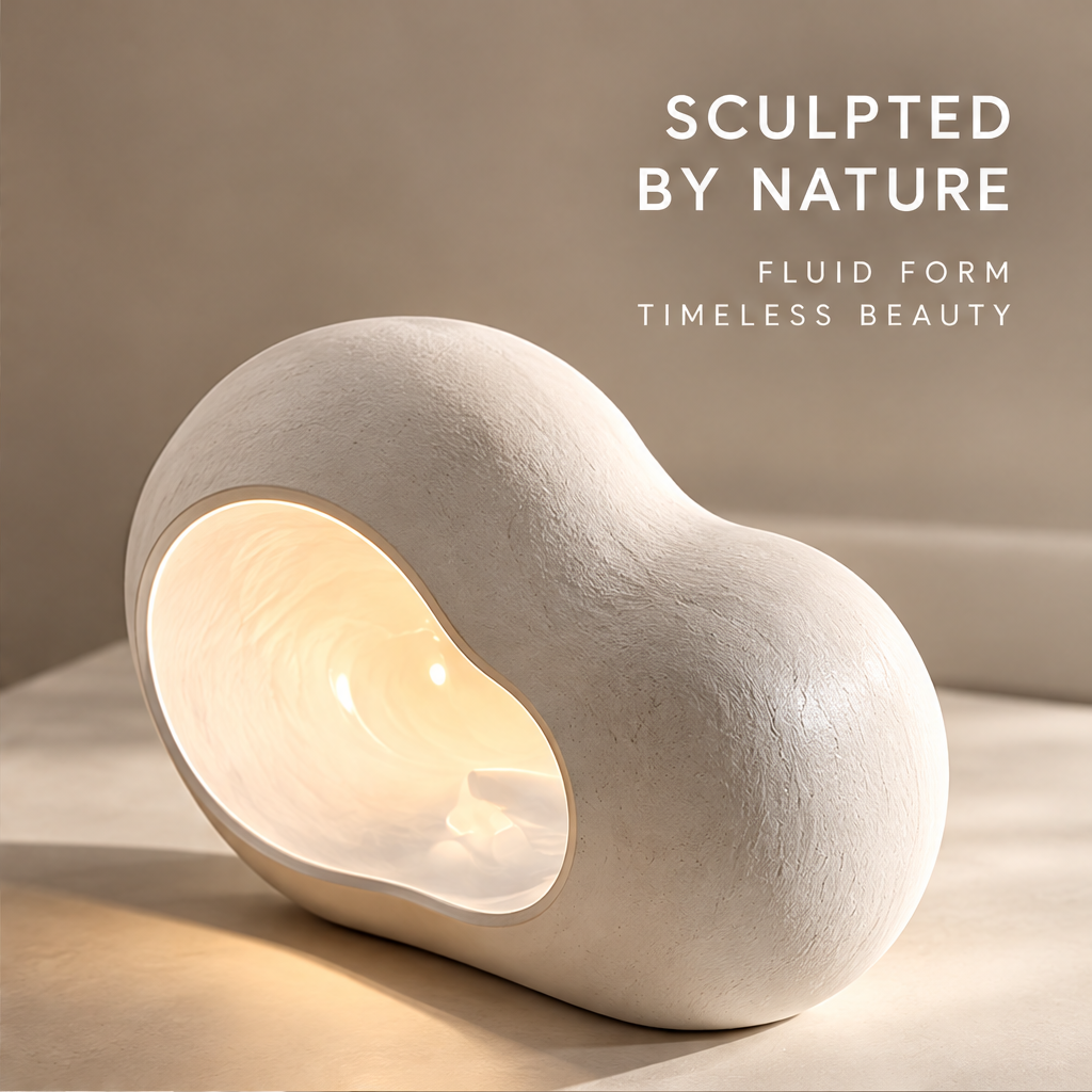 Angled view of the lamp's rounded textured body beneath Sculpted by Nature.