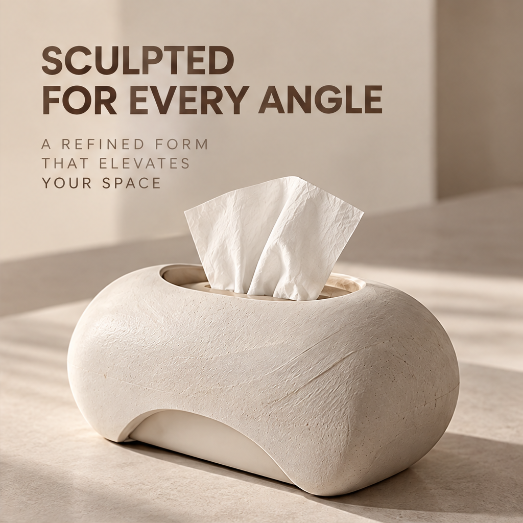 Angled view of the rounded tissue box beneath Sculpted for Every Angle.