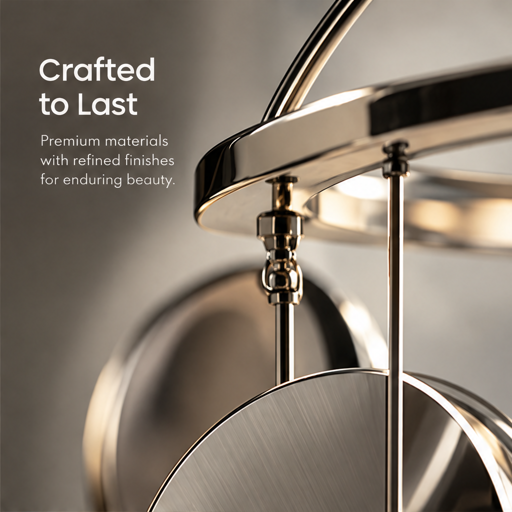 Close-up of the mobile's reflective frame, suspension connections and circular disc beneath Crafted to Last.
