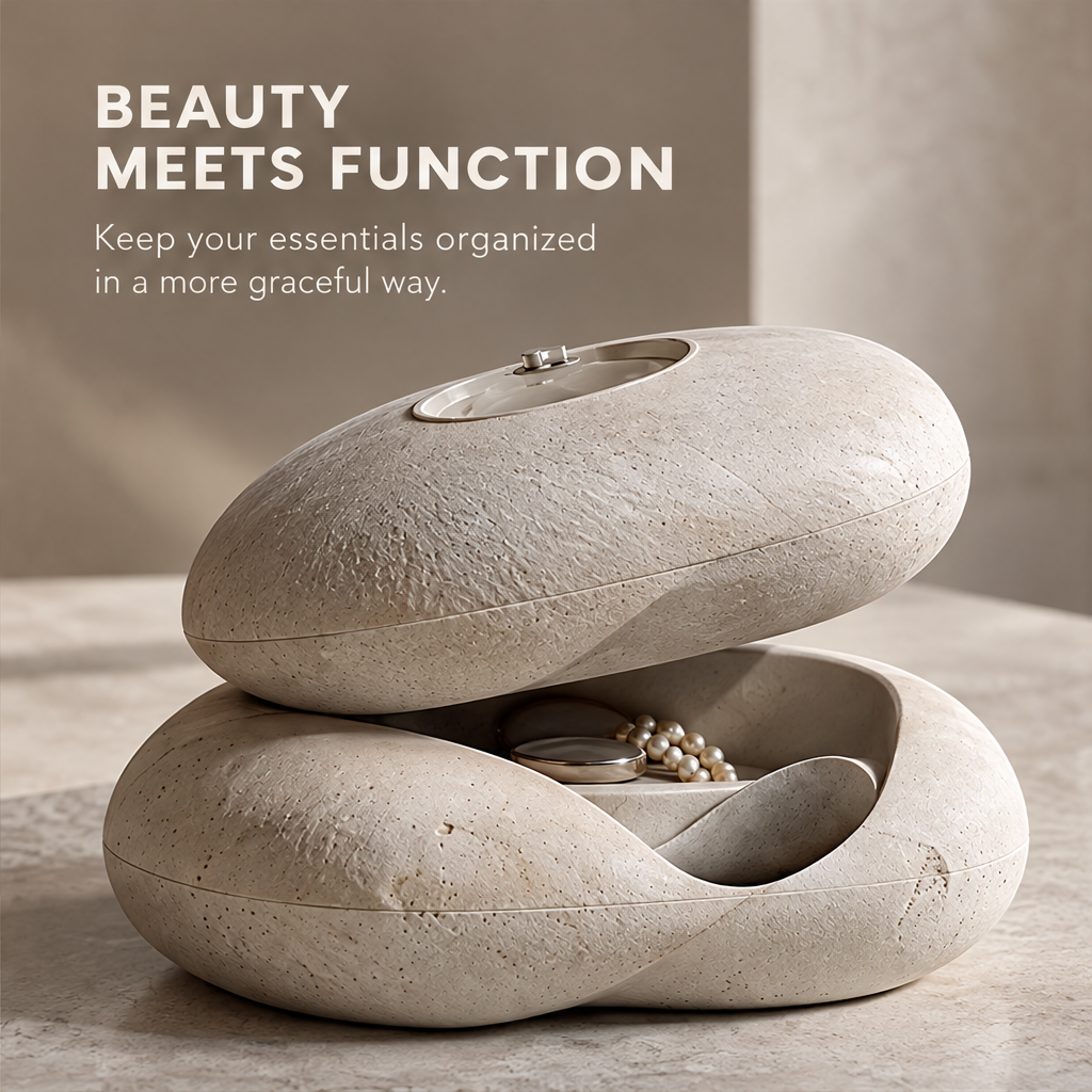 Storage box shown open with jewelry inside beneath Beauty Meets Function.