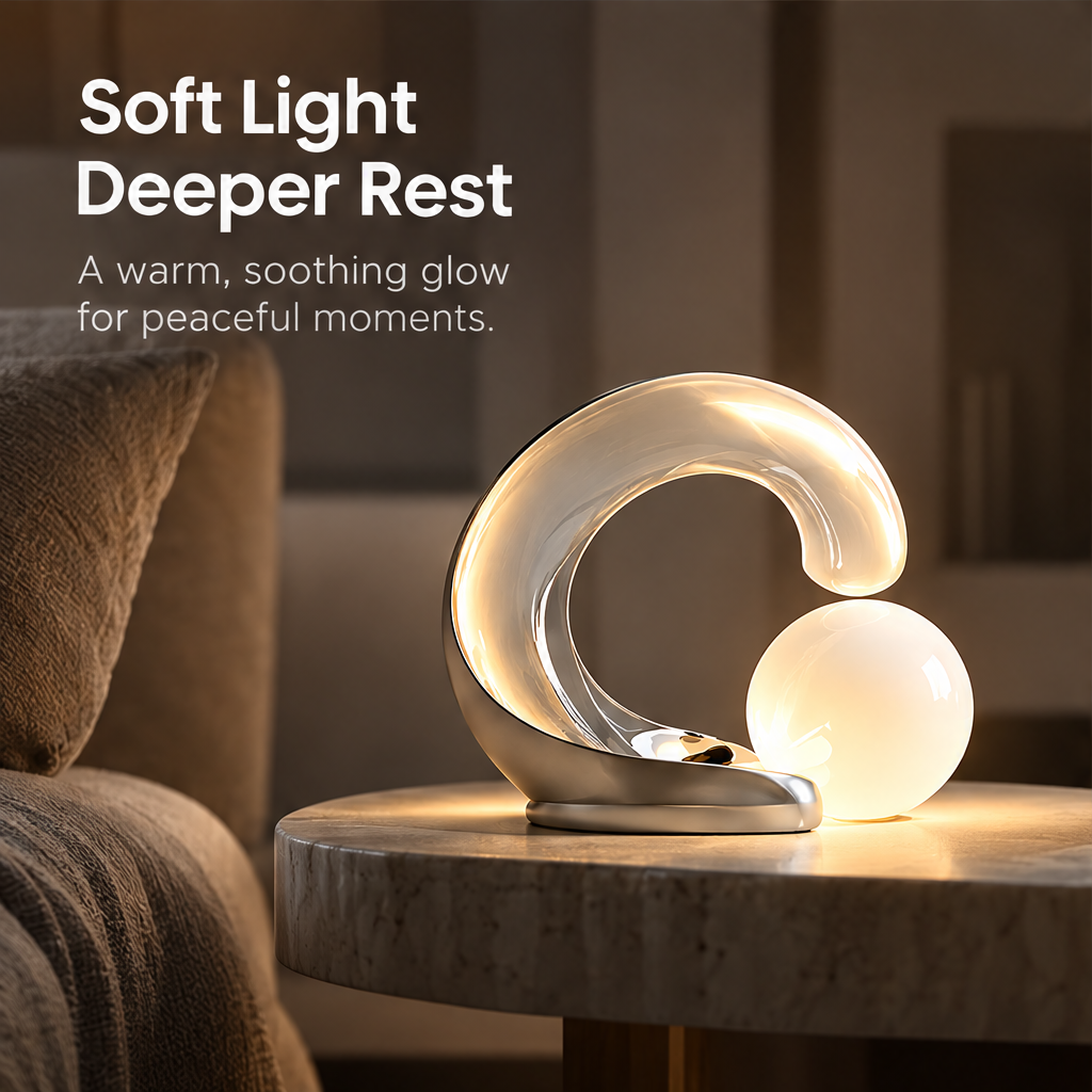Warmly glowing wave-shaped table lamp on a side table beside a sofa, with the words Soft Light Deeper Rest.