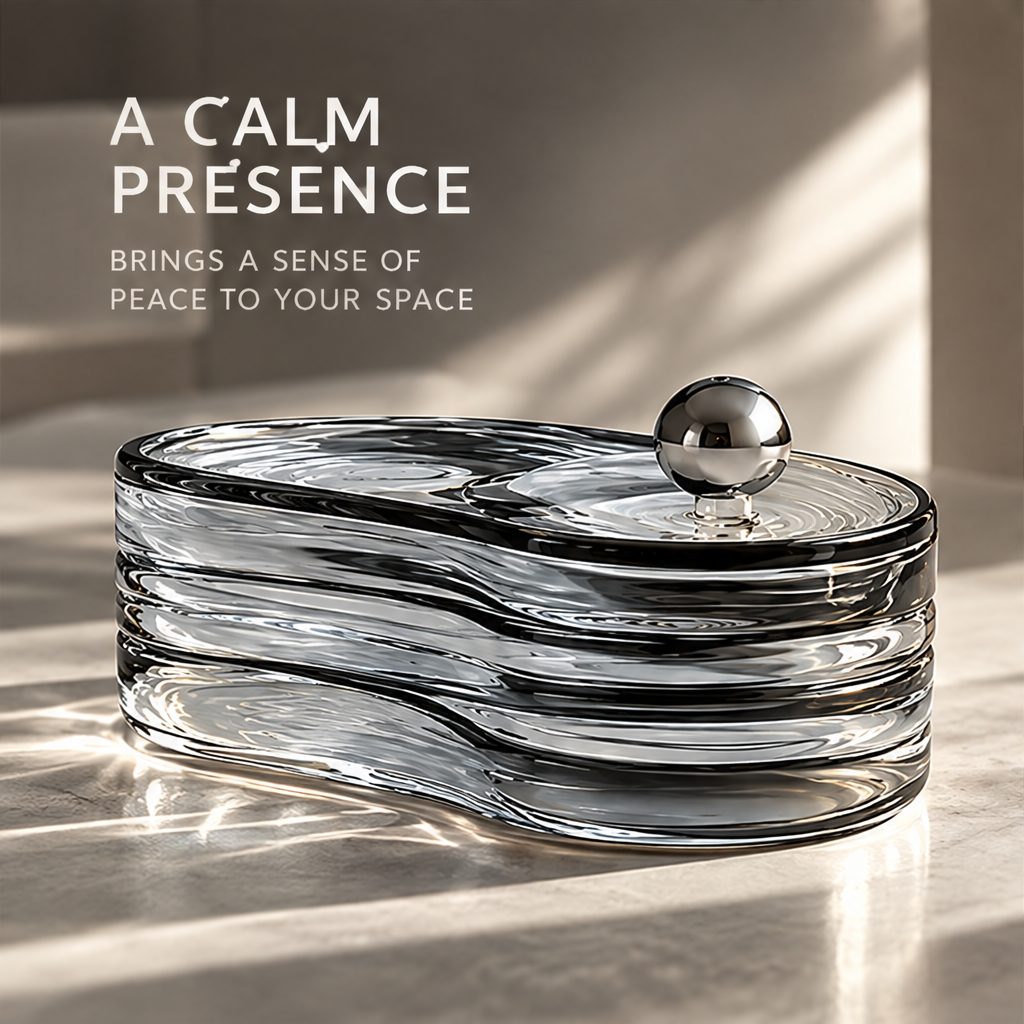 Curved jewelry box in warm sunlight showing its layered wave-like outline beneath A Calm Presence.