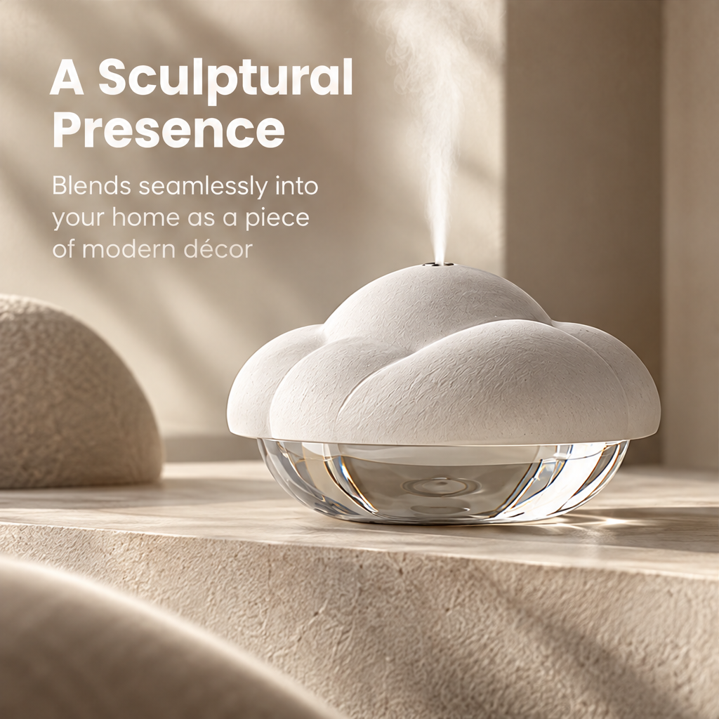 Cloud-shaped humidifier styled on a console beneath A Sculptural Presence.