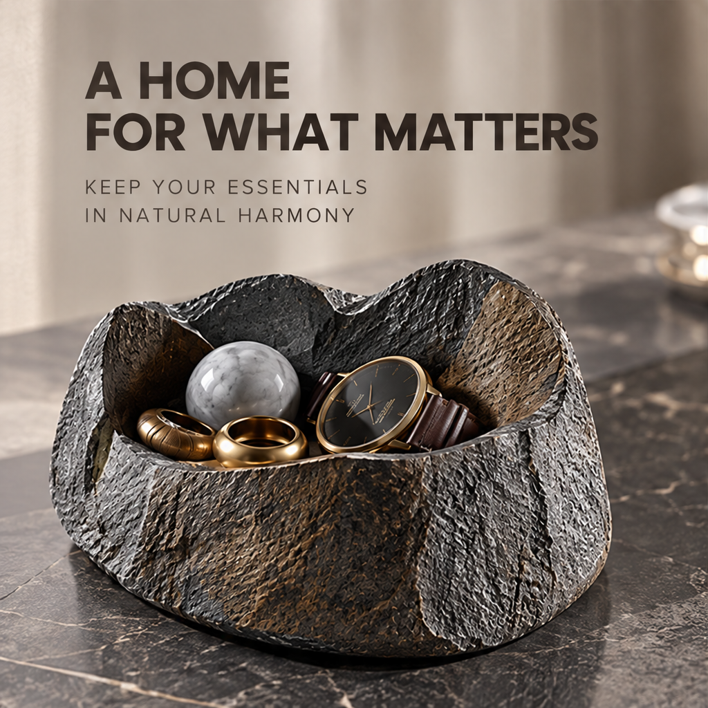 Catchall bowl holding a watch, rings and gray sphere beneath A Home for What Matters.
