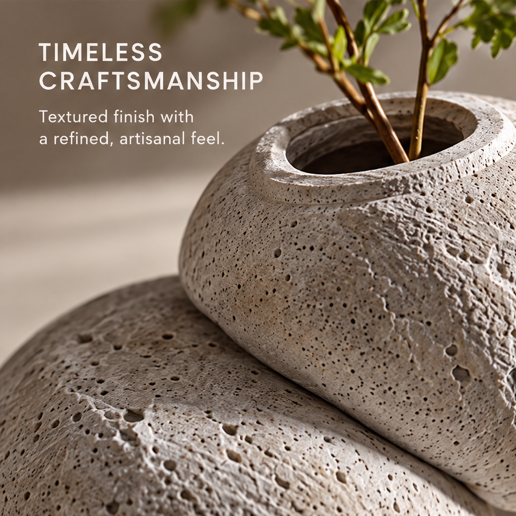 Close-up of the vase opening and pitted textured finish beneath Timeless Craftsmanship.