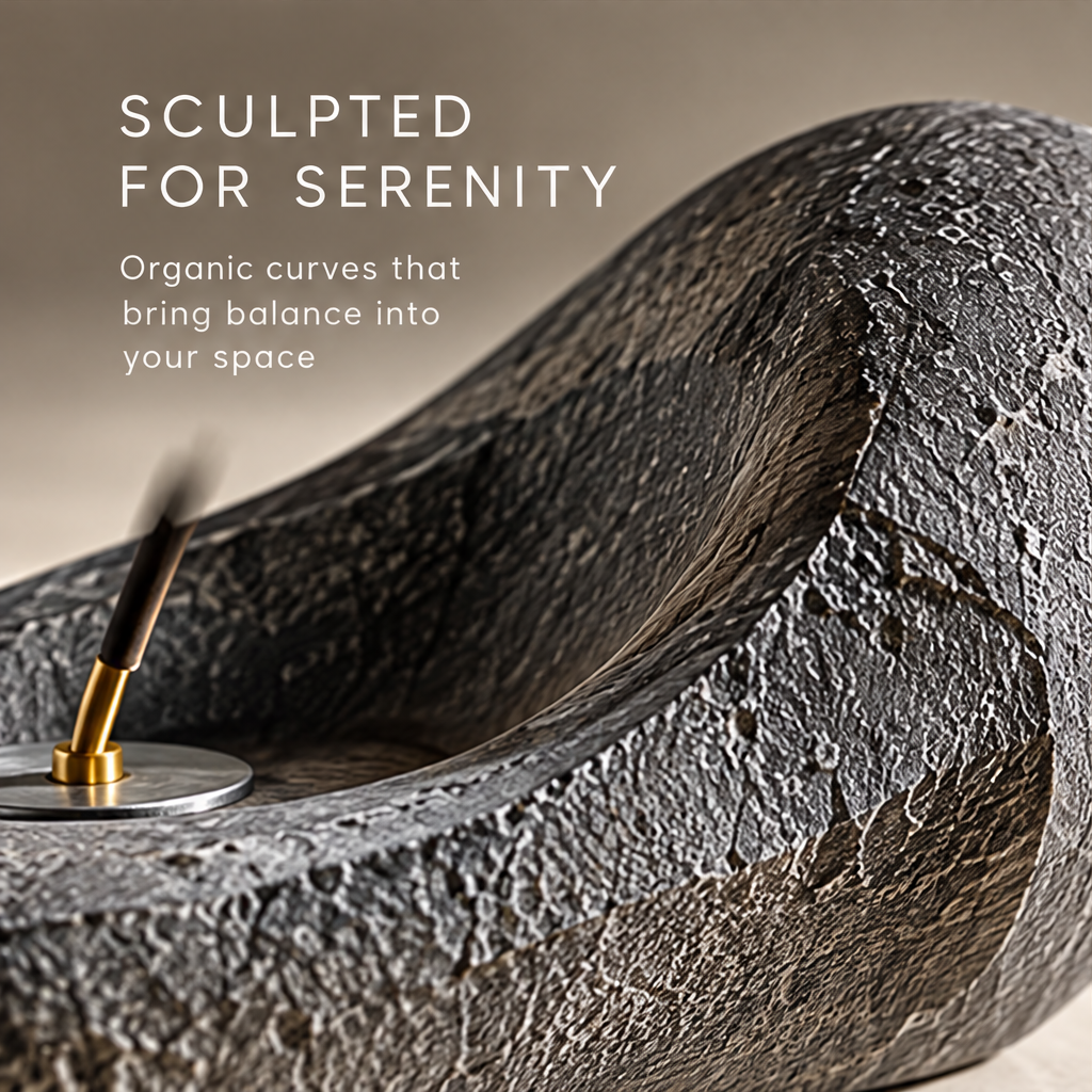 Close-up of the incense holder's textured curved stone surface beneath Sculpted for Serenity.