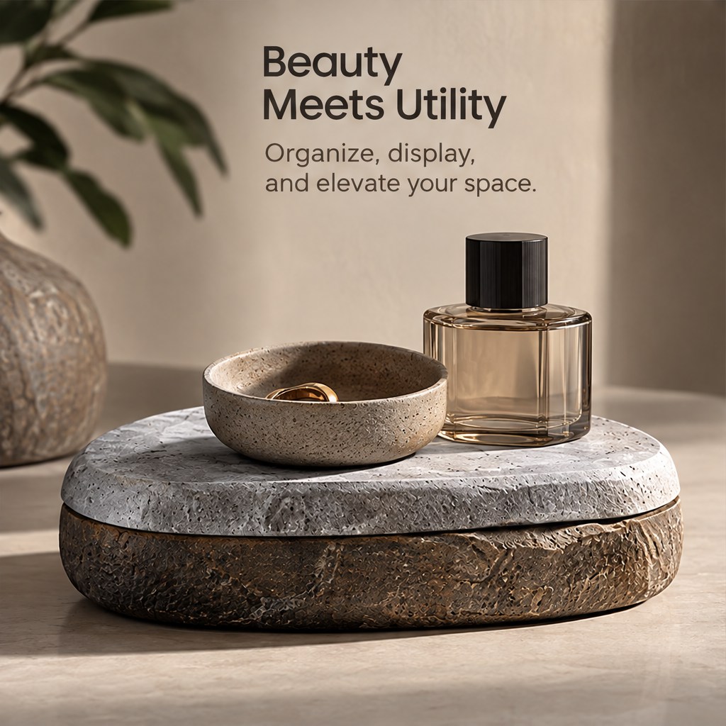 Decorative tray styled with a jewelry dish and perfume bottle beneath Beauty Meets Utility.