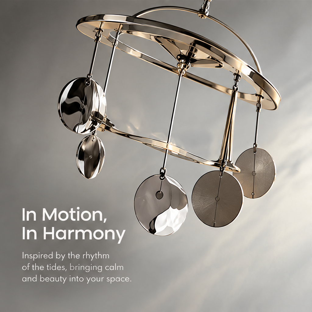 Angled view of the mobile's circular frames and suspended discs beneath In Motion, In Harmony.