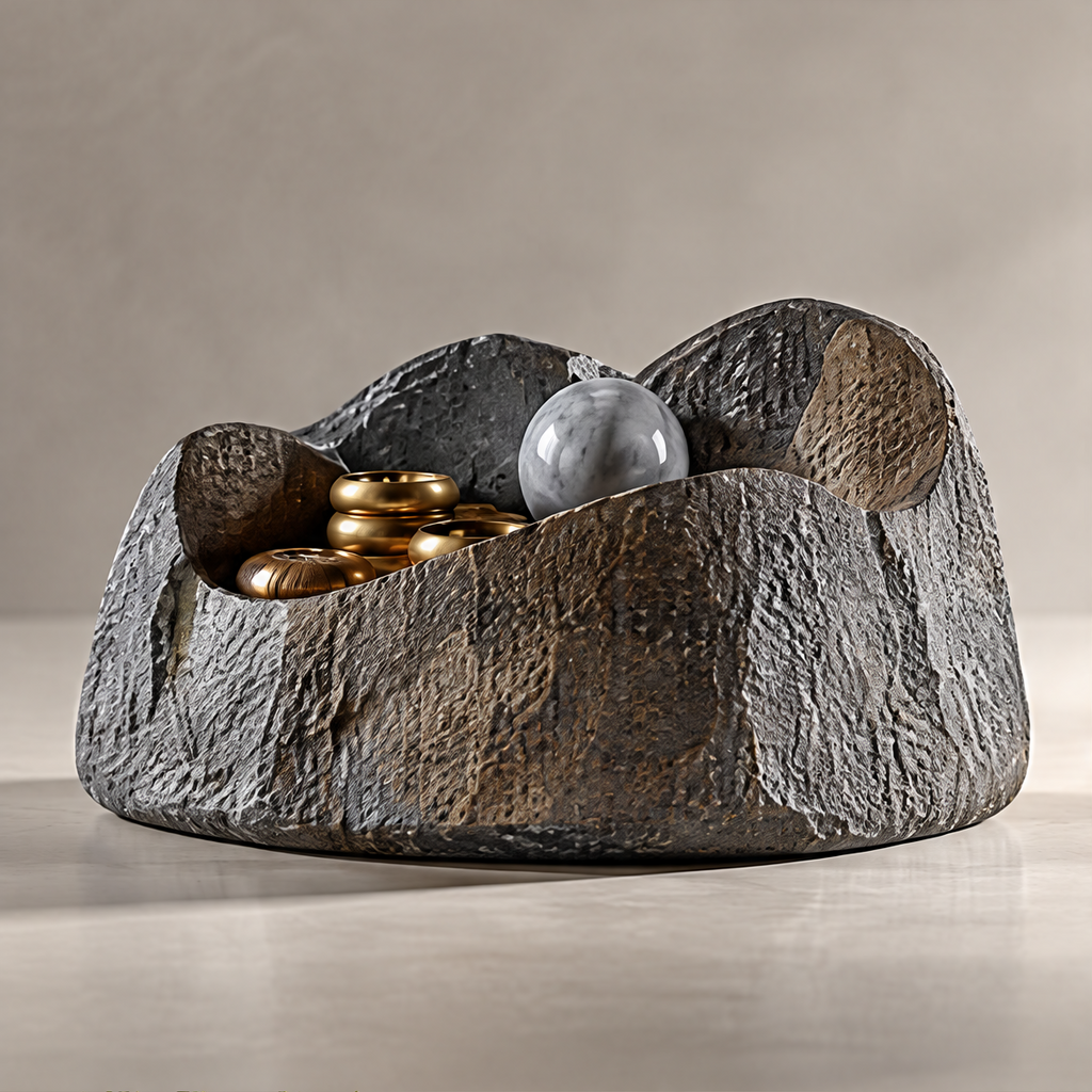 Dark textured catchall bowl with an uneven sculptural rim, holding gold-tone rings and a gray sphere on a plain background.