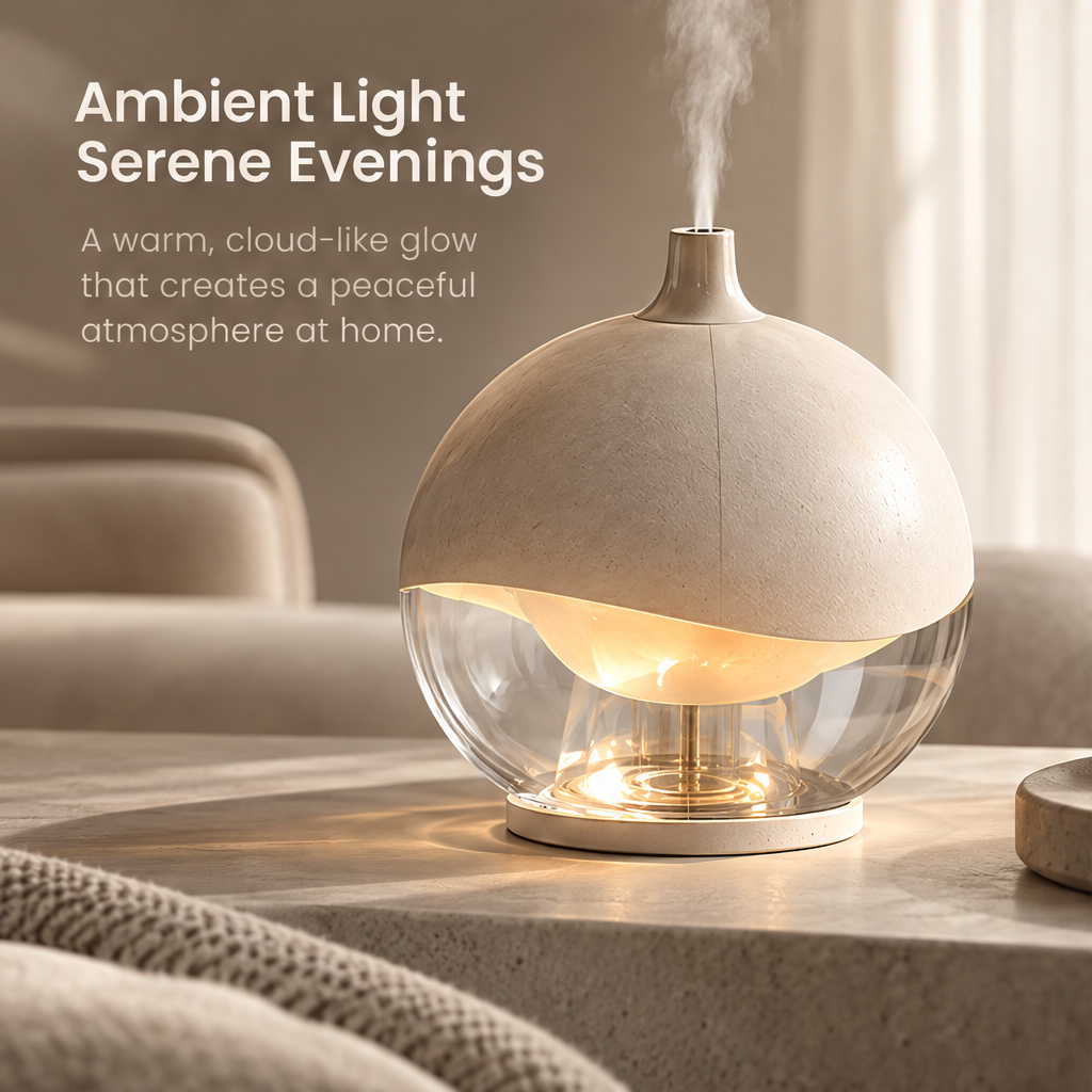 Humidifier with warm ambient lighting styled in a living room beneath Ambient Light Serene Evenings.