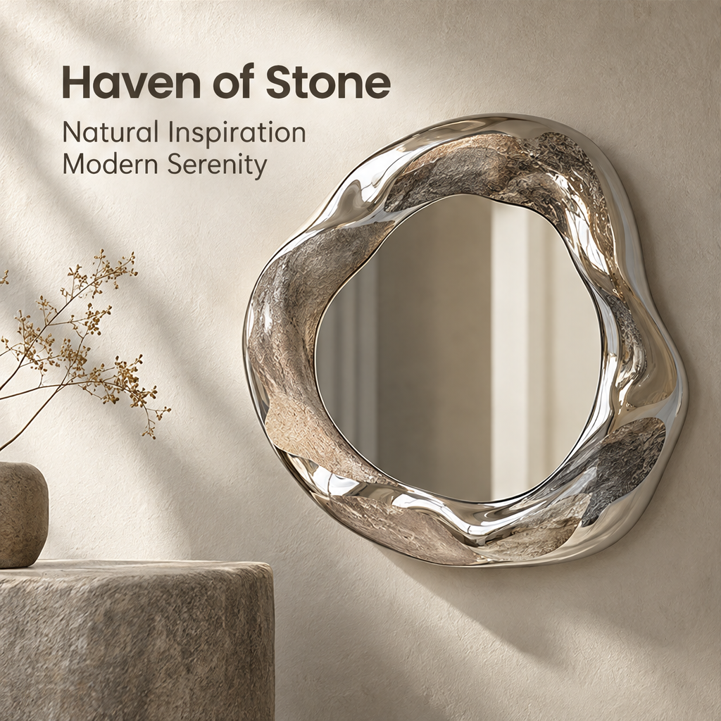 Organic-shaped wall mirror with smooth and textured frame areas, styled beside a vase beneath Haven of Stone.