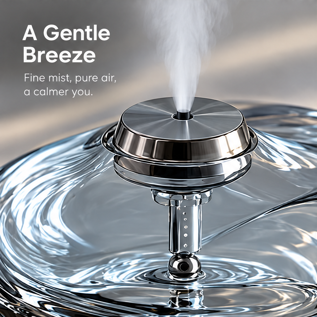 Close-up of the diffuser's silver-tone mist outlet and transparent curved body beneath A Gentle Breeze.