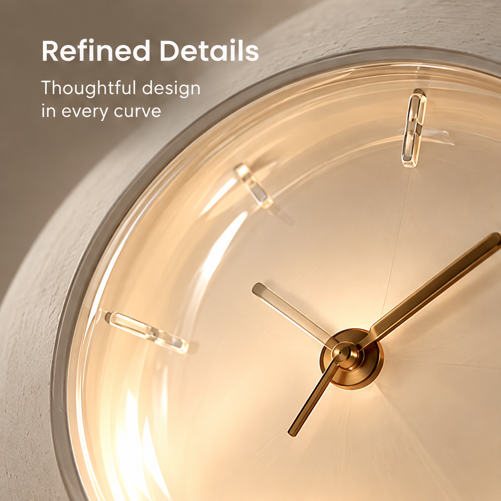 Close-up of the clock's hands, minimalist hour markers and glowing dial beneath Refined Details.